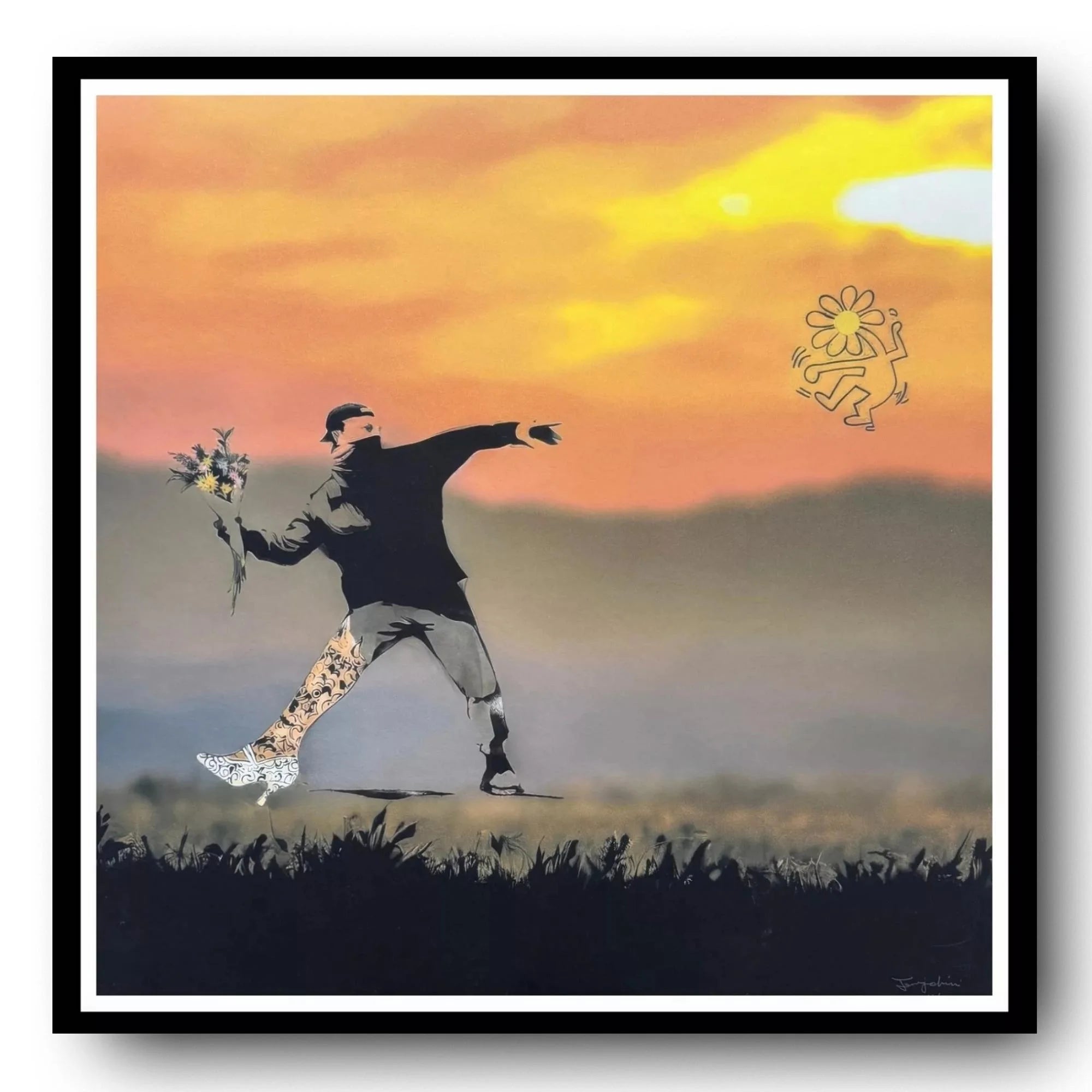 Artistic depiction of a person holding flowers against a sunset sky with a stylized figure and flower icon.